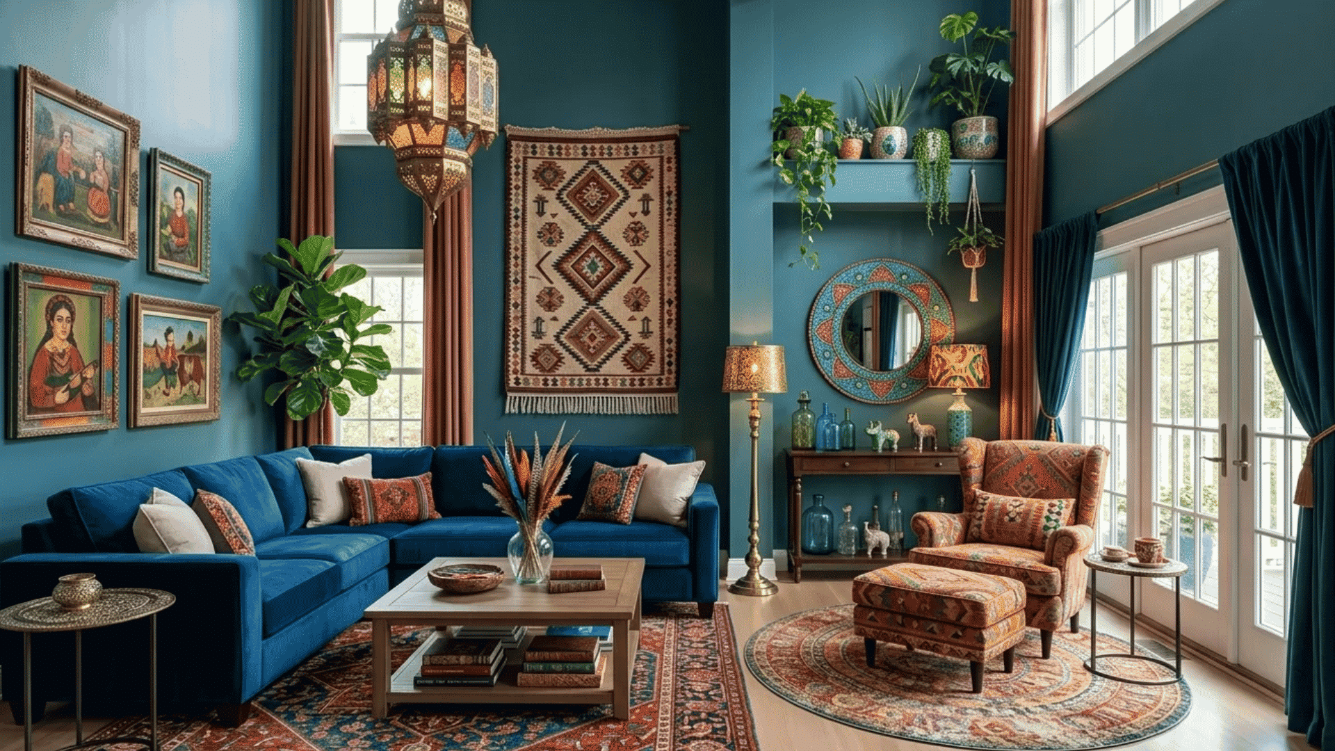 Bold eclectic living room layout with layered textures, jewel-toned seating, and a cozy corner lounge filled with global-inspired decor.