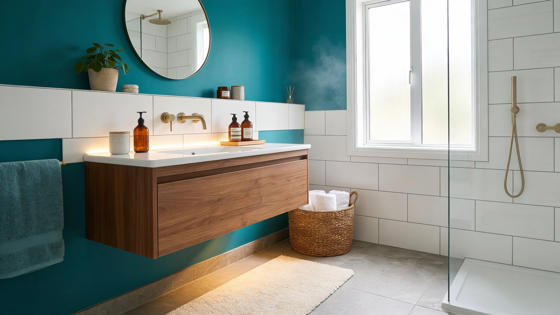 Bathroom with bold teal wall, round mirror, and modern wooden vanity.