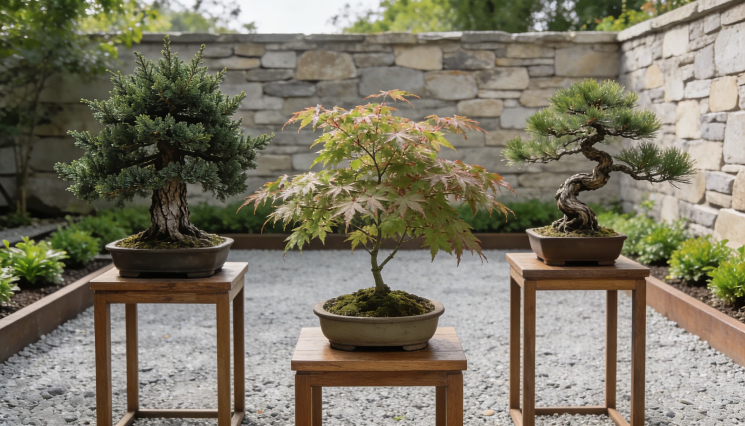 Three miniature bonsai trees placed on low wooden stands at different heights within a raked gravel courtyard.
