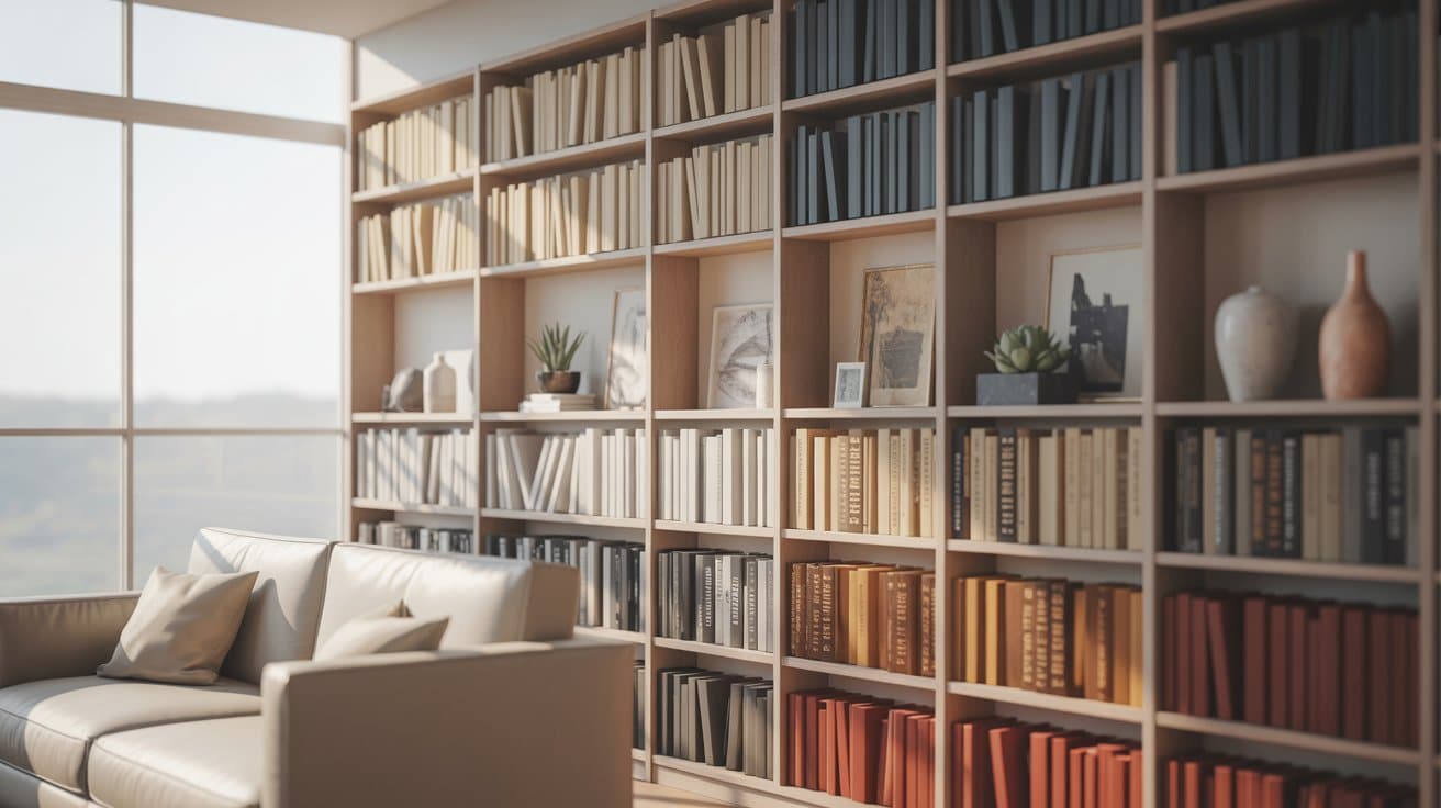 Floor-to-ceiling bookshelf with books grouped by color, accented with small plants and art objects, creating a visually curated and inviting feature wall.