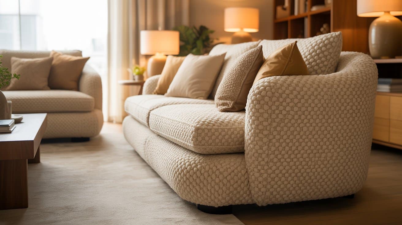 Living room with a boucle sofa and armchair in neutral tones, showcasing soft, bumpy texture that hides wear and pet hair while creating a stylish, inviting space.