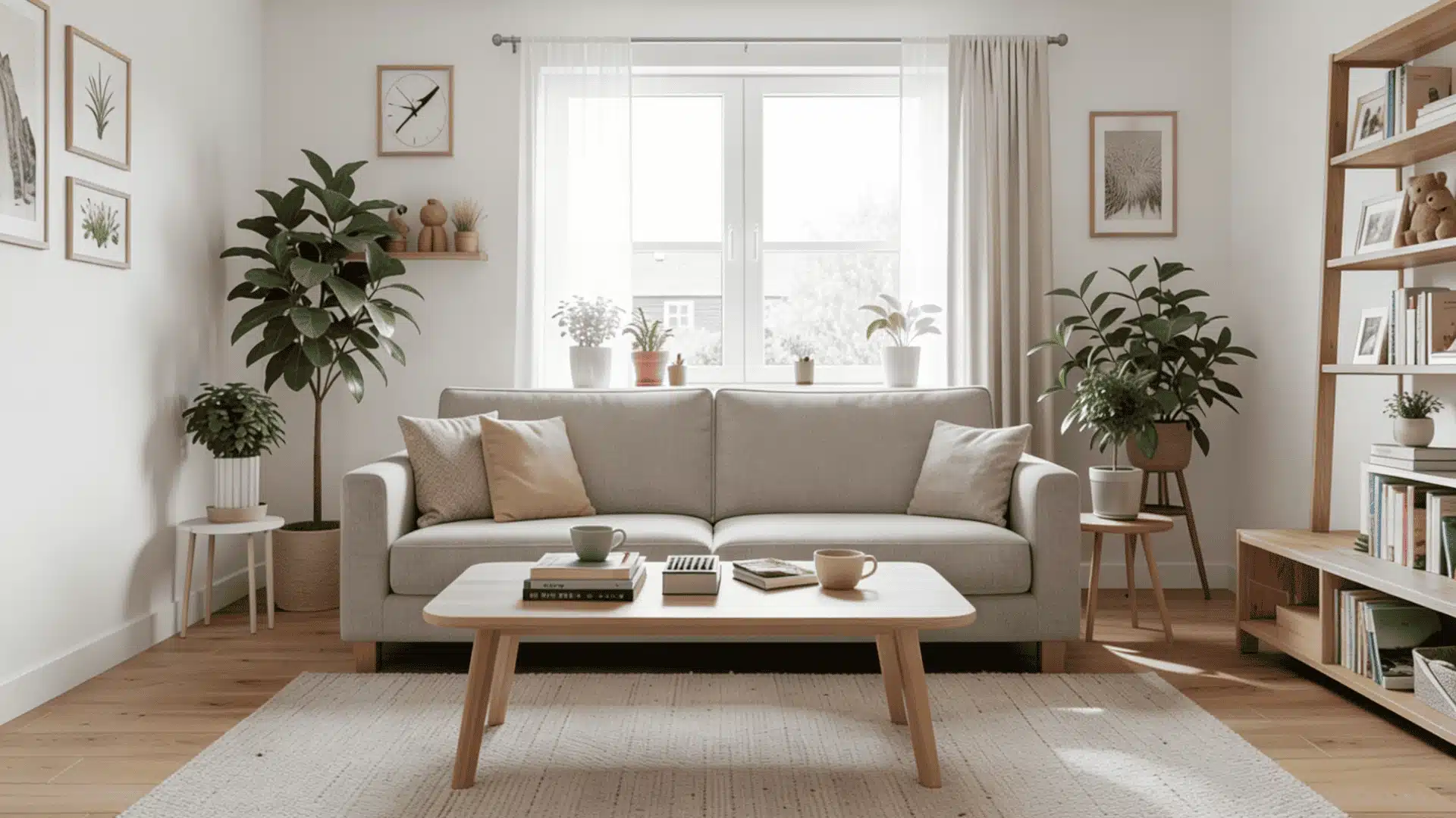 Bright living room with a grey sofa, light wood coffee table, indoor plants, and a window in a clean, minimalist style