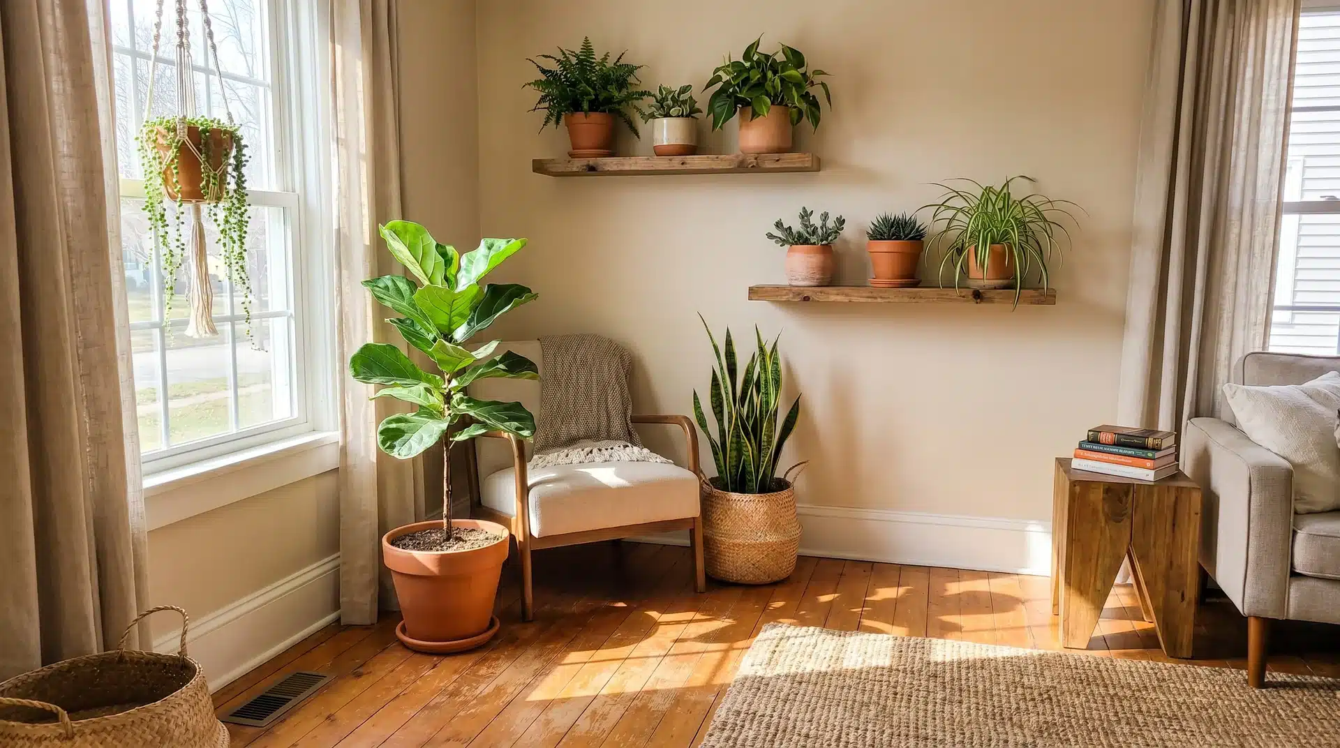 Bright, neutral room featuring numerous green potted houseplants arranged on a wooden side table and a wall-mounted floating shelf.