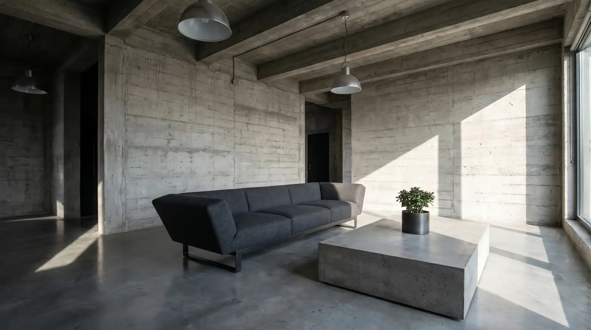 Stark brutalist living space featuring an unfinished concrete ceiling, a dark fabric couch, and stark sunlight