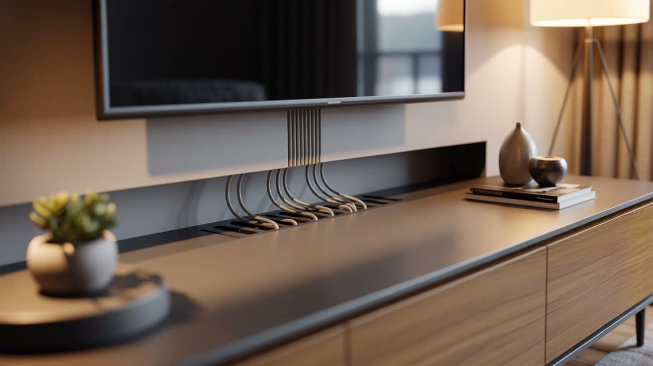 Living room media console with cables neatly hidden using raceways and ventilated boxes, creating a clean, organized, and stylish setup.