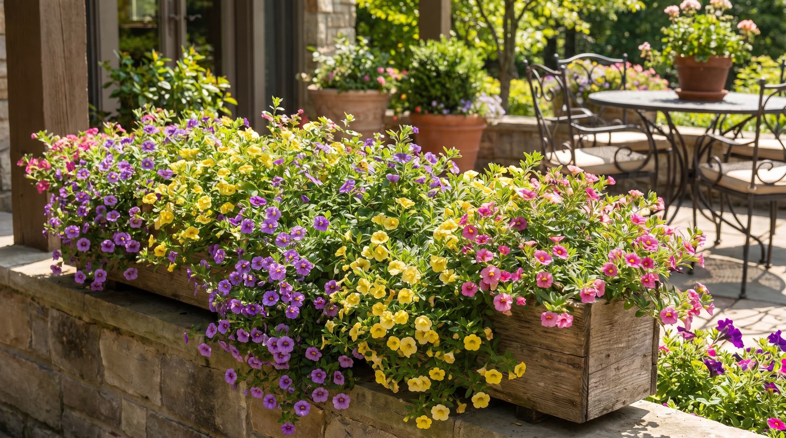 Colorful calibrachoa overflowing from rustic wooden planters on a sunny patio.