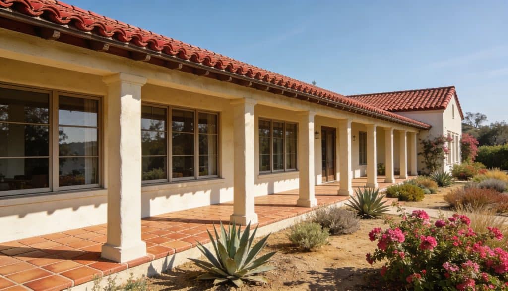 A single-story California ranch house with a terracotta tile roof, white pillars, and a desert patio under a clear blue sky.