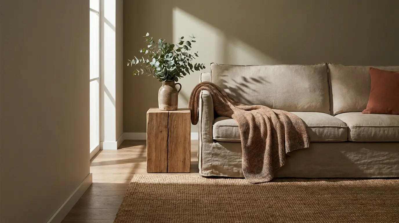 Beige sofa with a brown throw blanket, wooden side table, and plant in sunlit living room