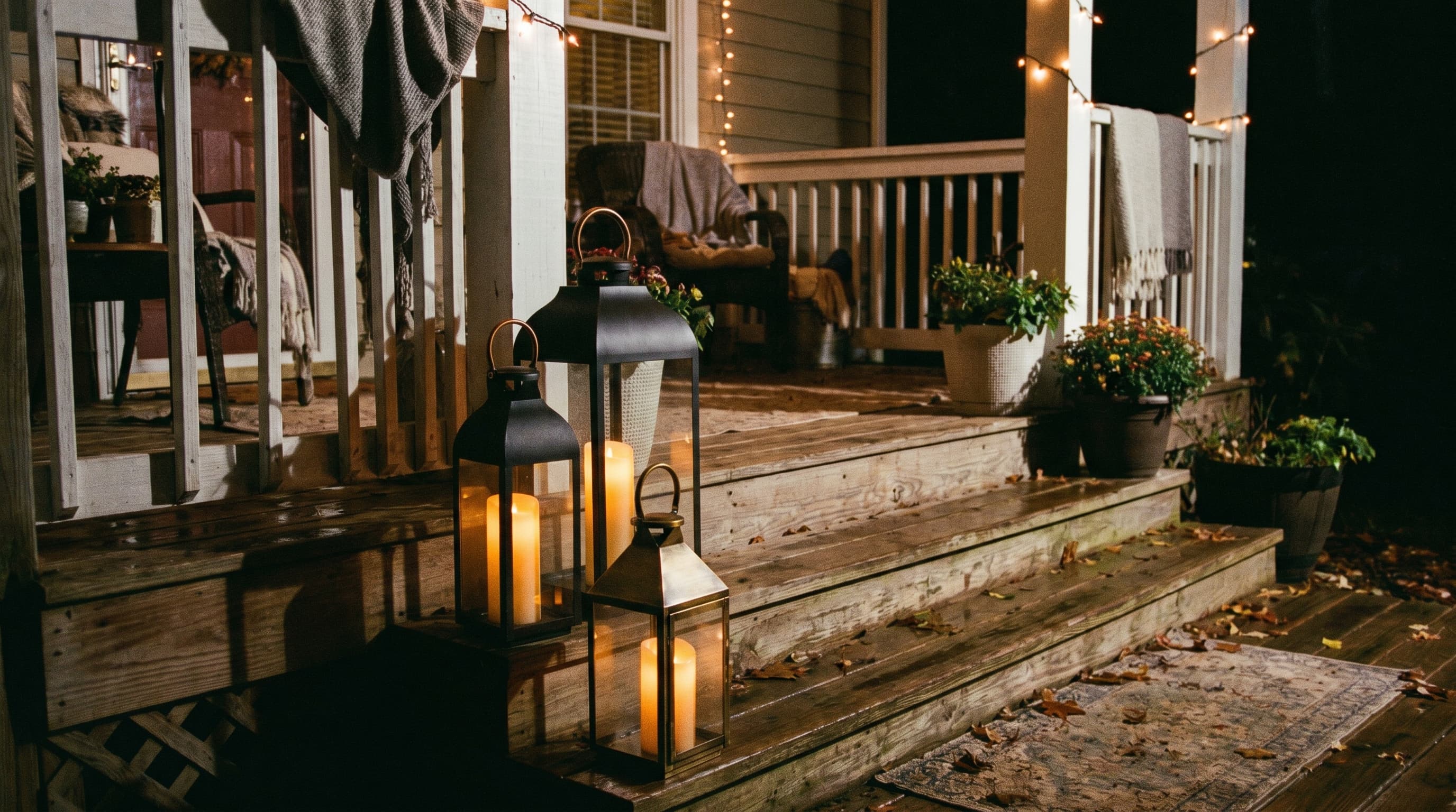 Front porch evening decor ideas with grouped pillar candle lanterns on porch steps and a side table for warm ambient light.