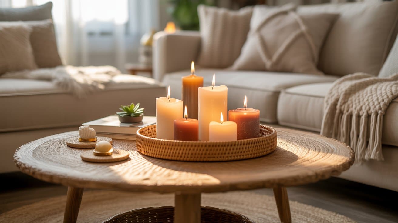 Living room coffee table with a tray of three to five candles of varying heights, providing warm flickering light and a subtle, inviting scent.
