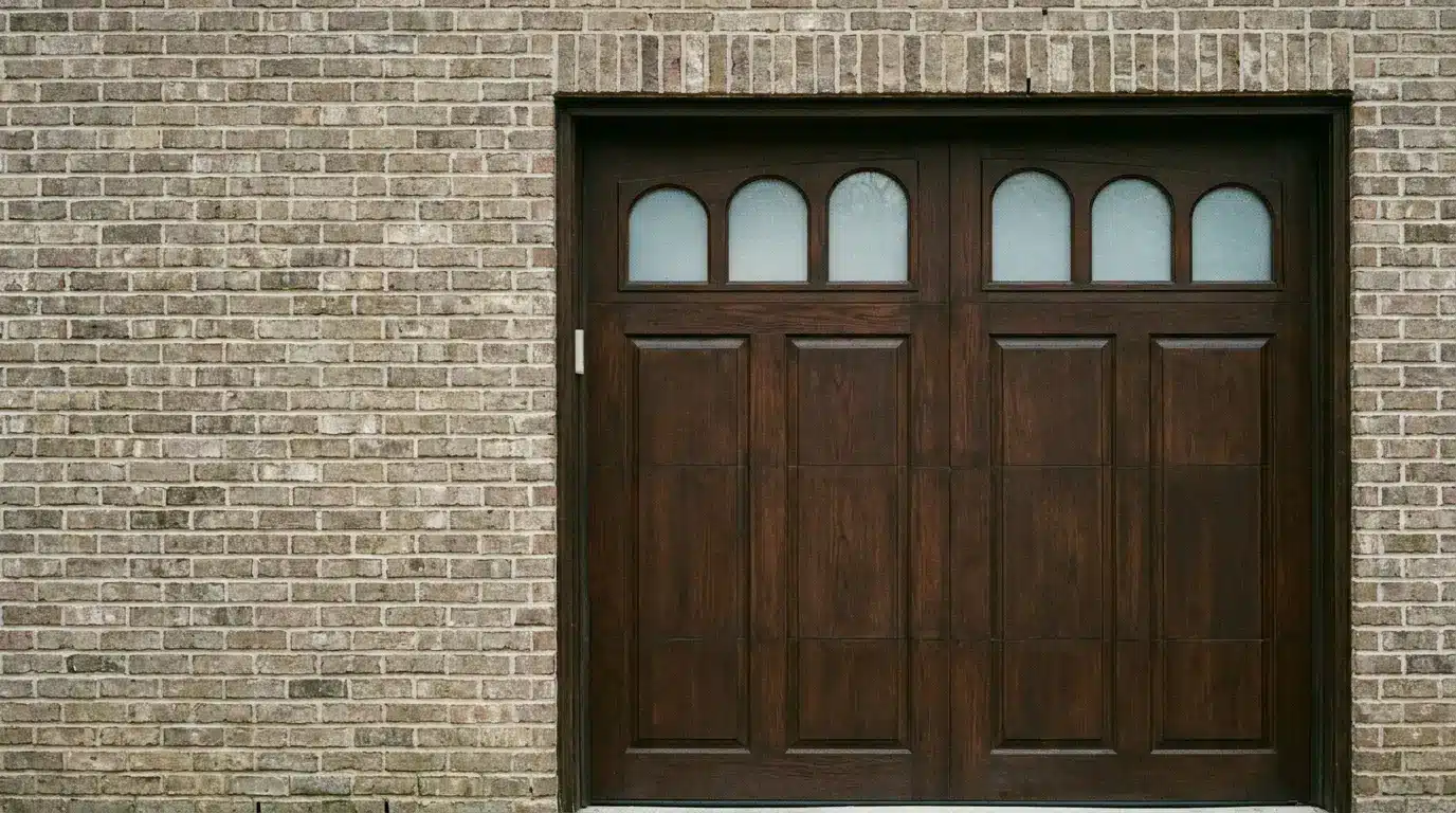 Wooden garage door with arched windows set in brick exterior wall