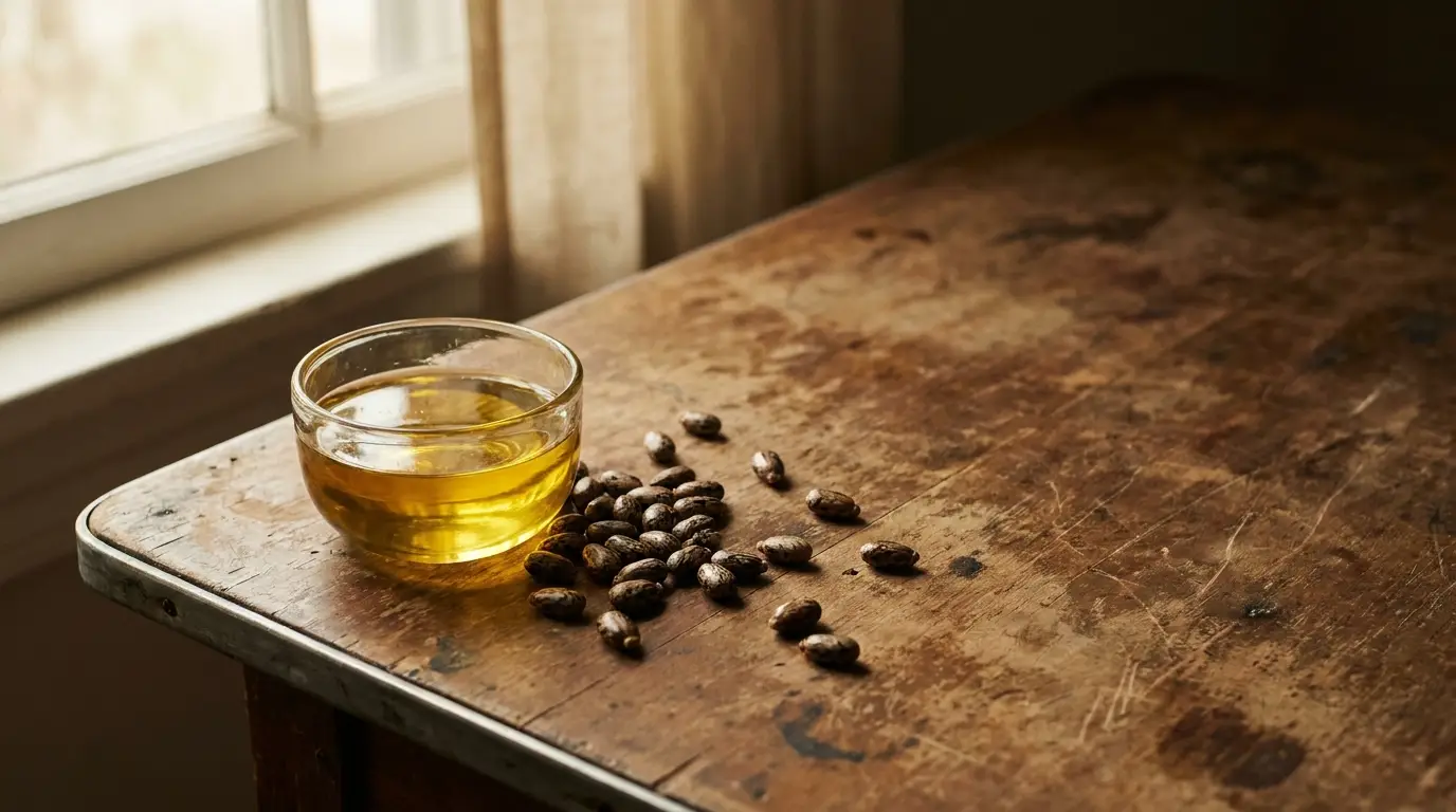 Glass bowl of oil with scattered seeds on rustic wooden table near a window