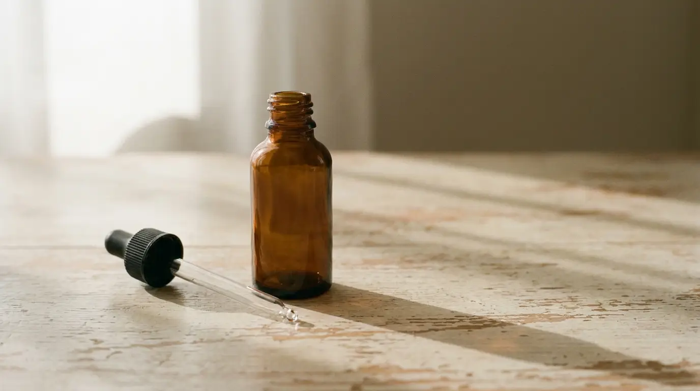 Brown glass dropper bottle and pipette on rustic wooden table in soft natural lighting