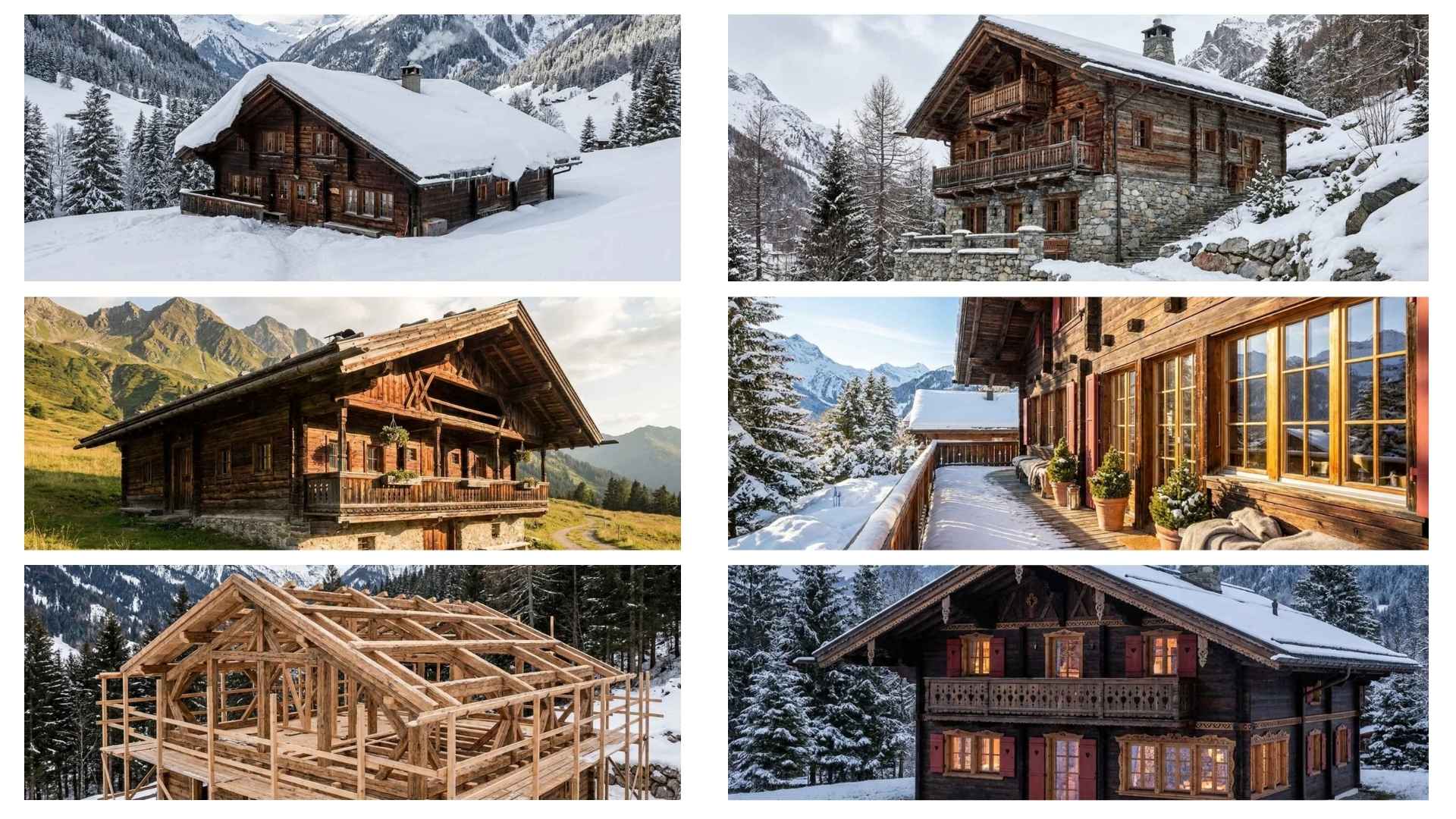 Collage of Alpine chalets, snowy and summer settings, showing timber construction, balconies, and mountains.