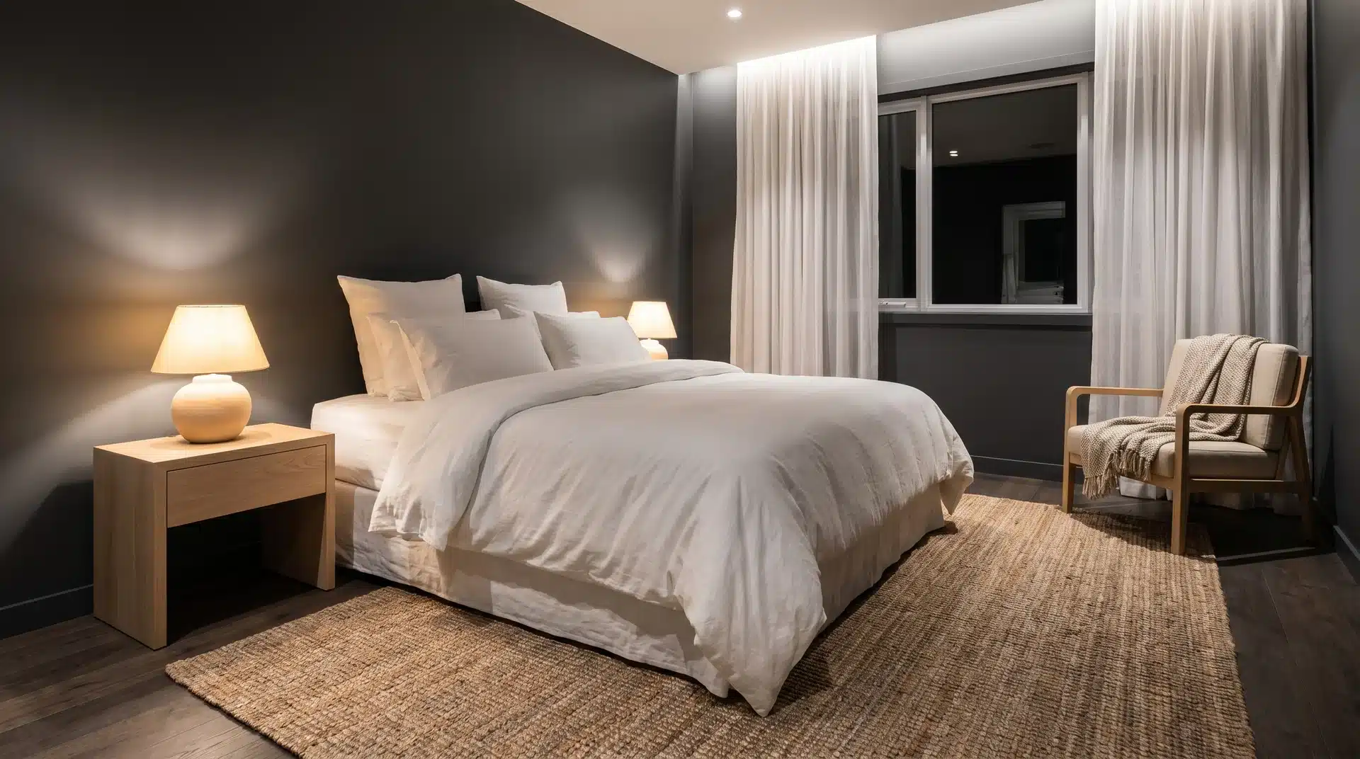 Modern bedroom featuring a charcoal gray accent wall, white bedding, a light wood nightstand with a glowing lamp, and an accent chair.
