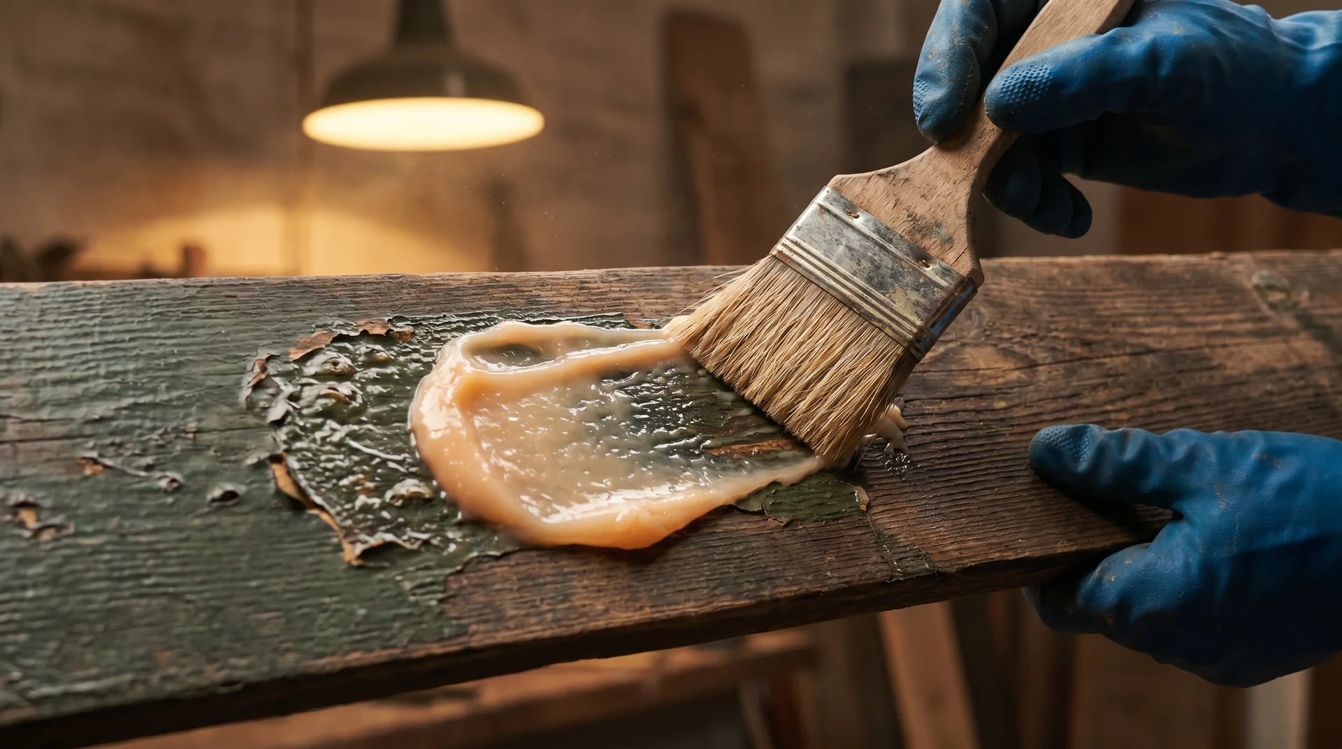 Applying a gel formula paint stripper with a paintbrush to dissolve old paint layers on a rustic wood surface.