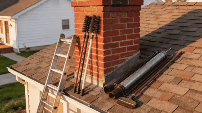 chimney-cleaning-tools-brushes-and-a-ladder-leaning-against-a-red-brick-chimney-on-a-shingled-roof