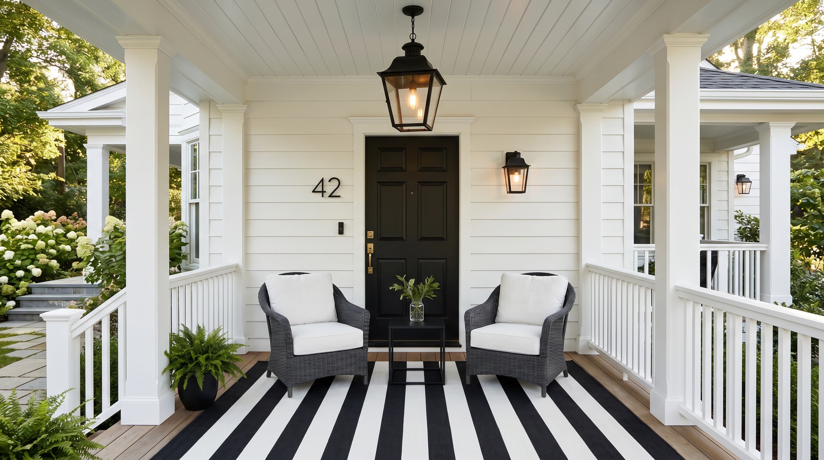 Classic black-and-white front porch design ideas featuring matte black lanterns, white siding, and a striped outdoor rug.
