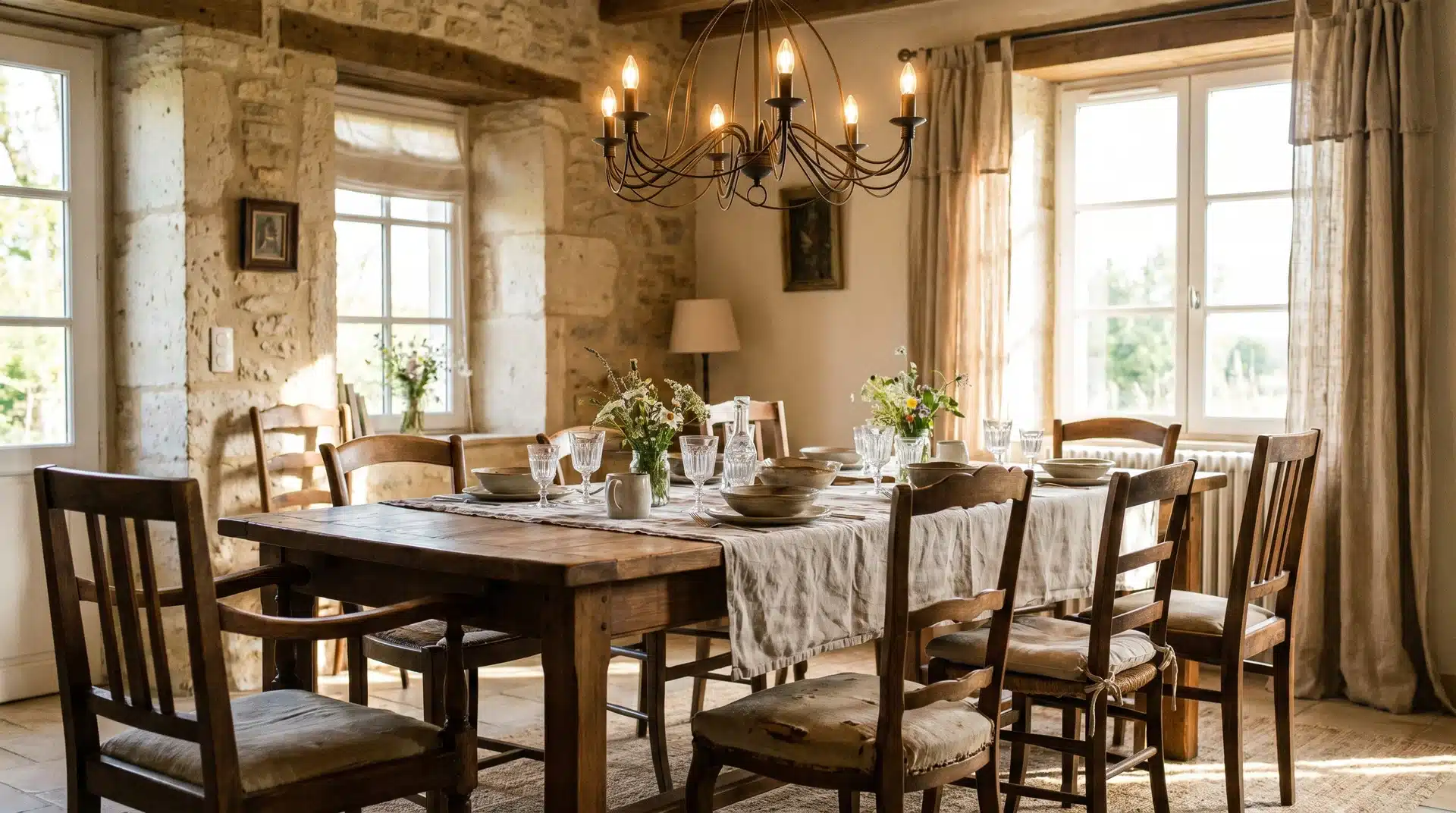 Classic French country dining room with rustic wooden table and mixed chairs.
