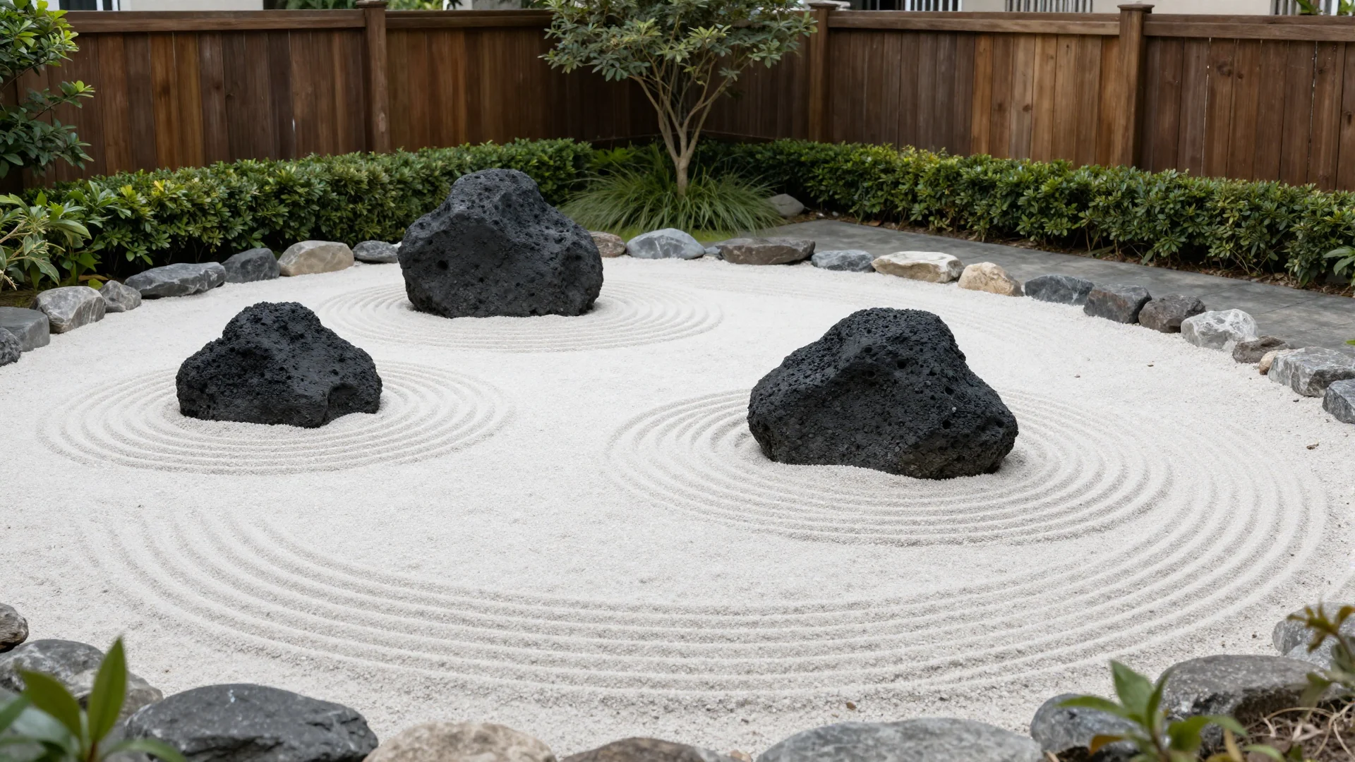 Dark volcanic rocks placed on a bed of finely raked white sand with concentric wave patterns inside a wooden fence.