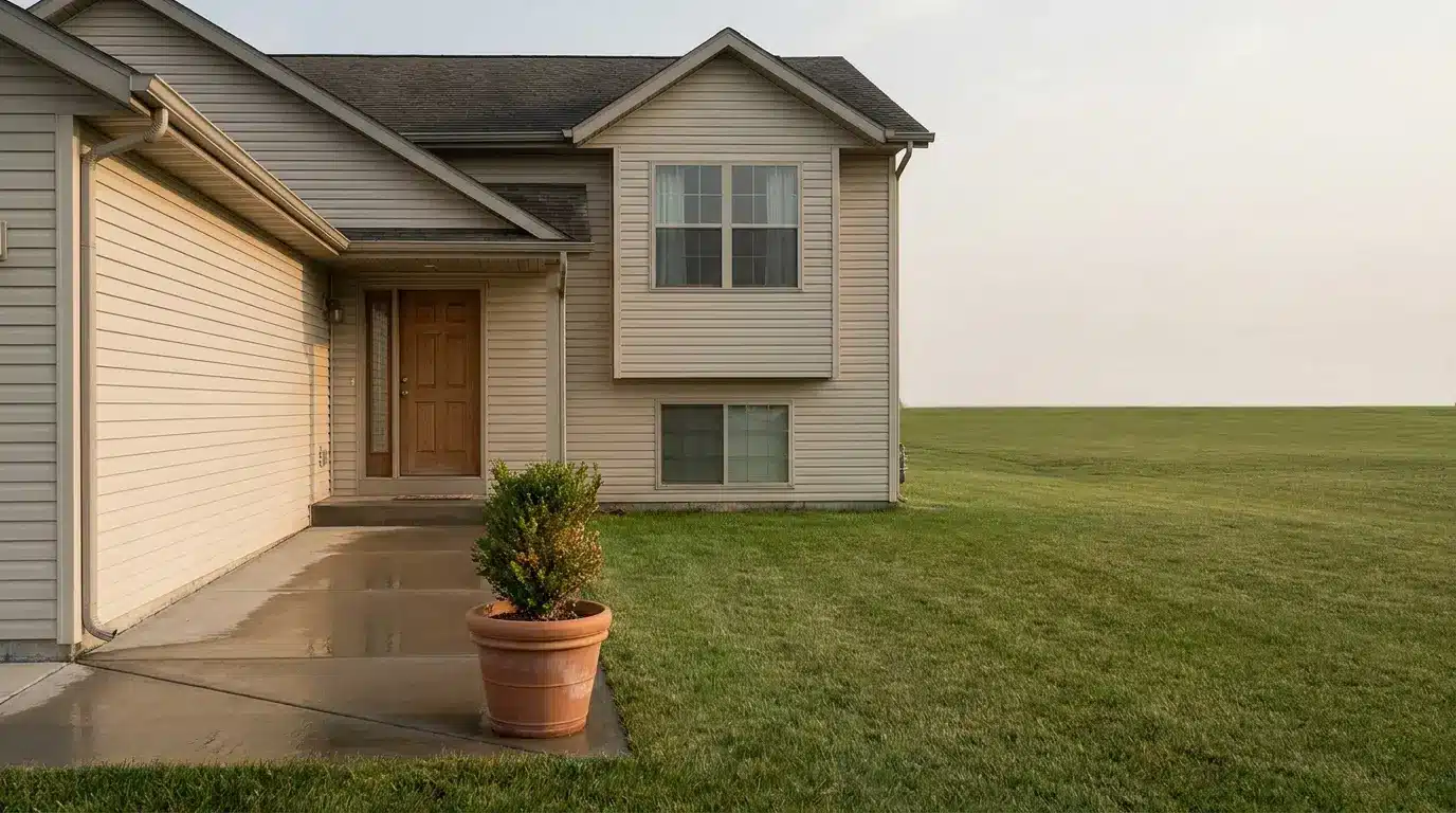 House exterior with beige siding and wooden door, potted plant on concrete path, grassy lawn
