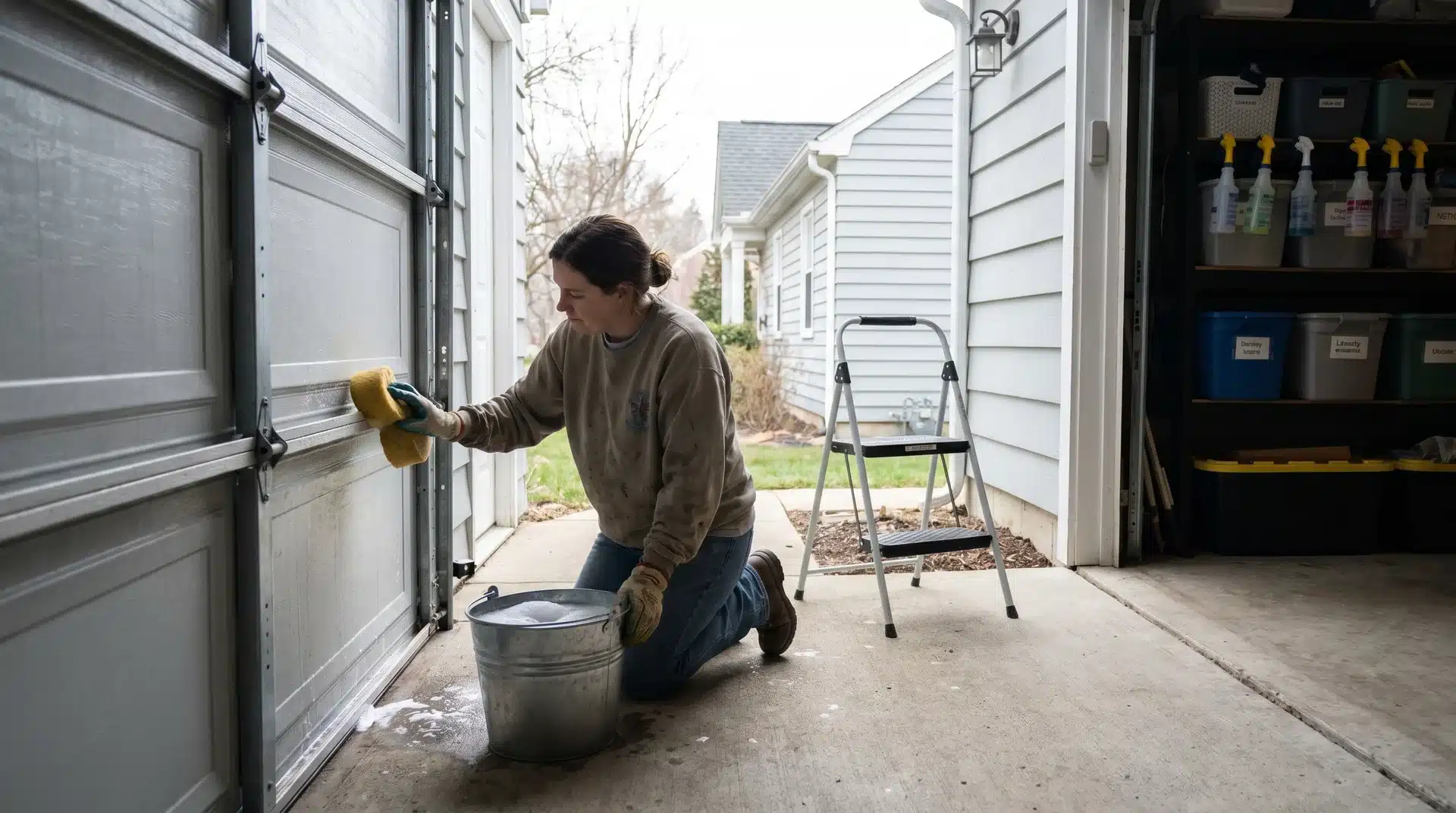 Person cleaning garage door exterior with sponge and soapy water.