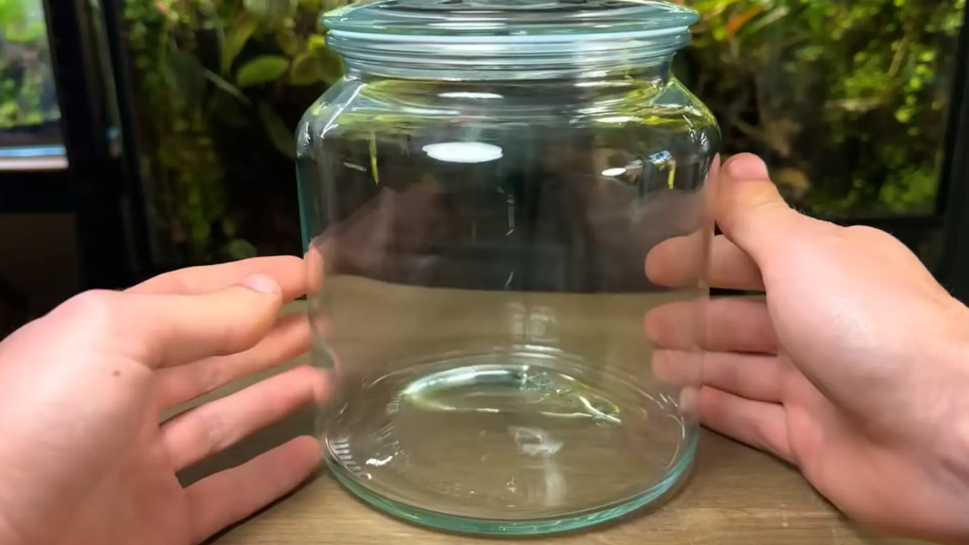 Clear glass jar being held with two hands, with a wide opening and lid.