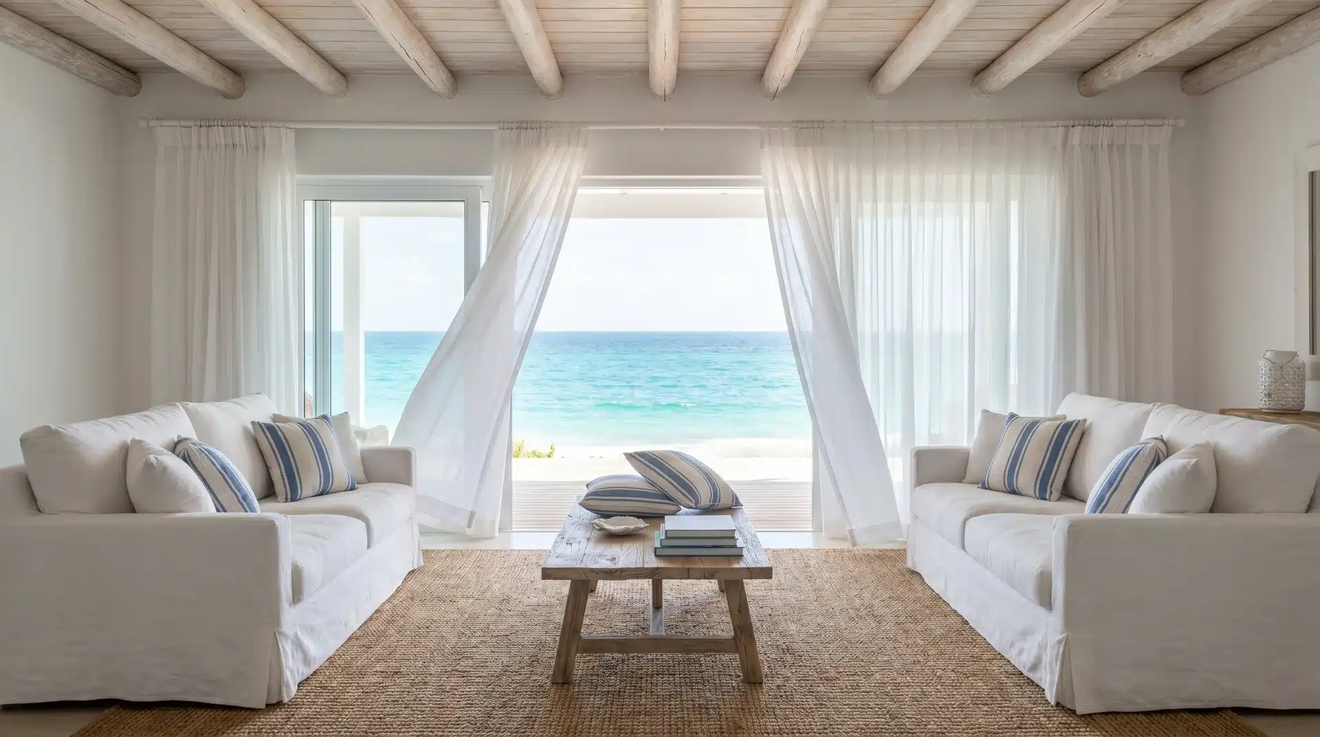Bright coastal living room with white sofas, a rustic wood coffee table, open doors to the ocean, and sheer curtains.