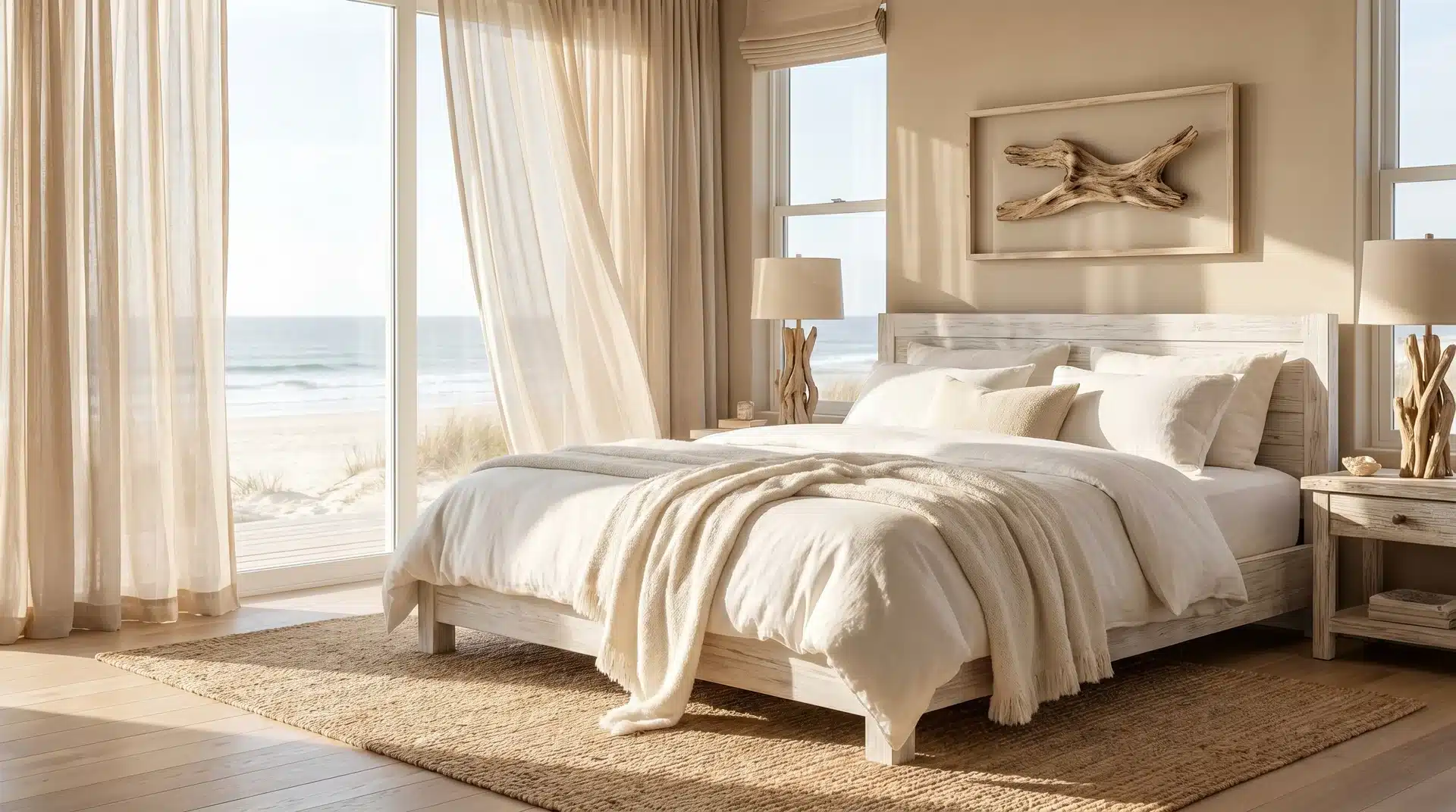 Bright coastal bedroom with a white bed, beige bedding, a large window overlooking the ocean, and soft cream curtains.
