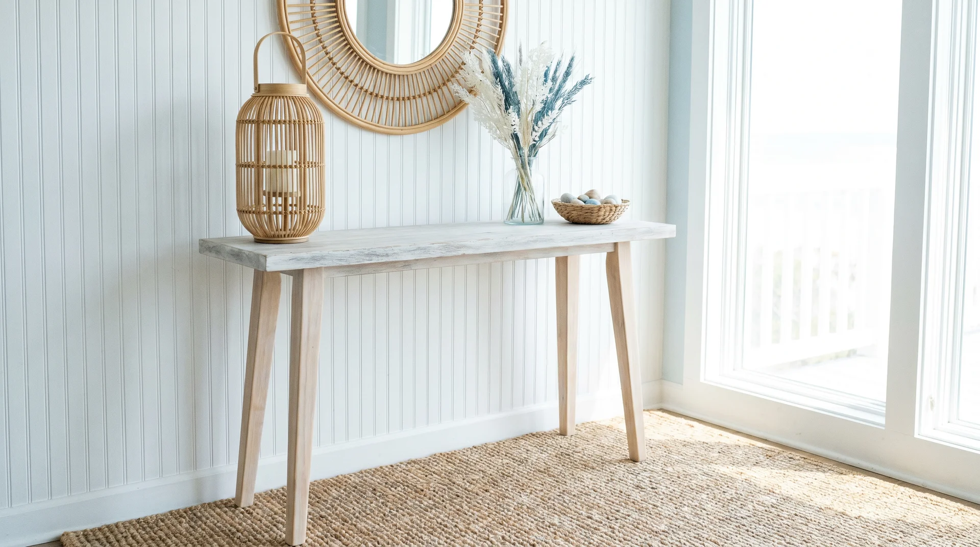 Light-washed coastal console table styled with a rattan lantern, a vase of dried grass, and a woven wall hanging above.