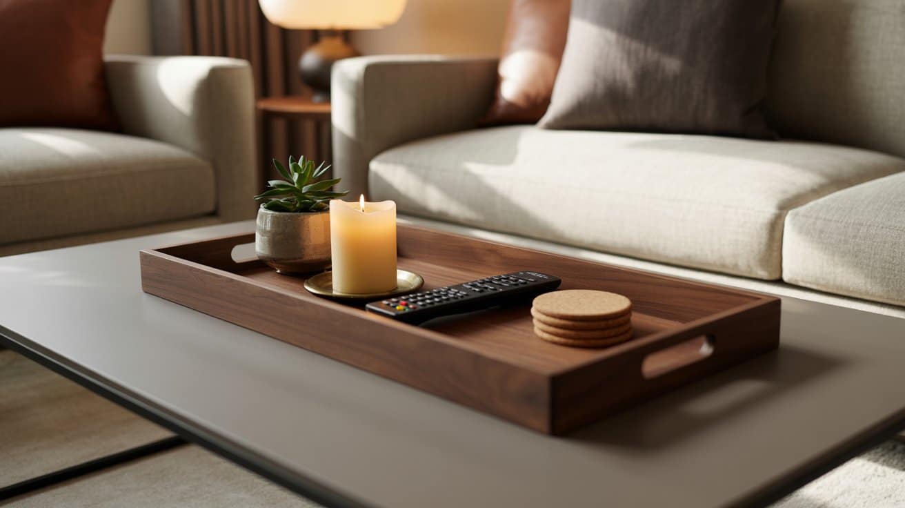 Coffee table with a dark walnut tray containing a candle, plant, remote, and coasters, keeping the space organized and visually appealing.