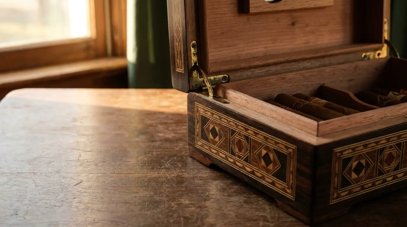 Ornate wooden cigar box open on rustic wooden table in warm natural light