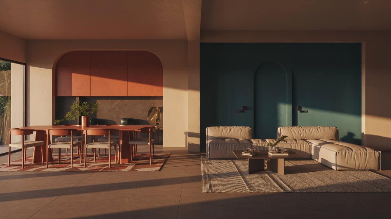 Open-plan living and dining area with color zoning: warm terracotta dining wall, deep teal living wall, separate rugs defining each zone, modern furniture, and natural light creating distinct spaces.