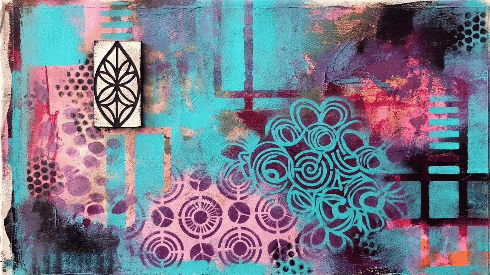 Colorful abstract mixed media art with layered patterns, geometric shapes, and stencil-style designs in blue, pink, and purple tones.