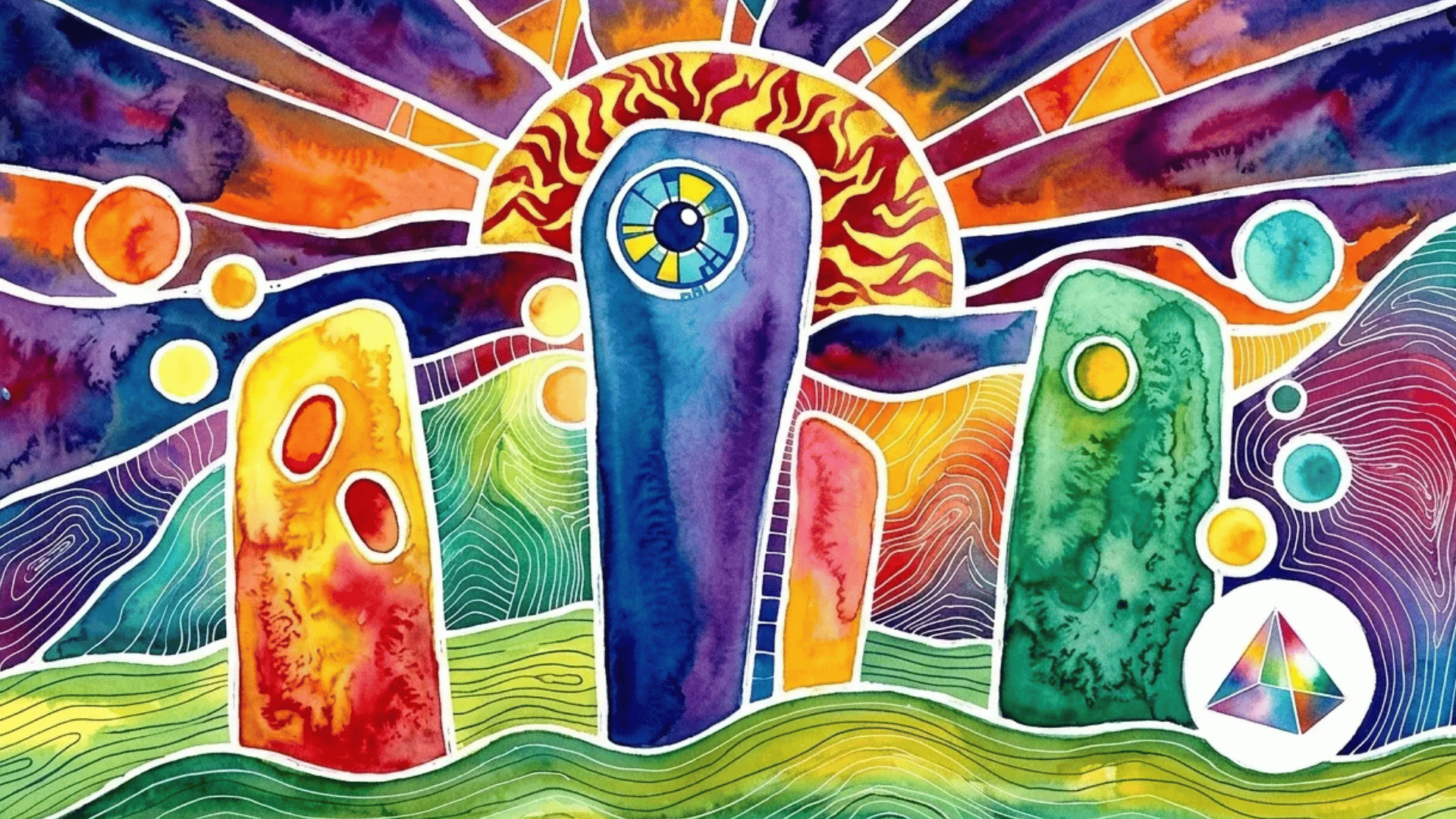 Colorful abstract watercolor painting with geometric shapes, glowing sun rays, and vibrant landscape patterns.