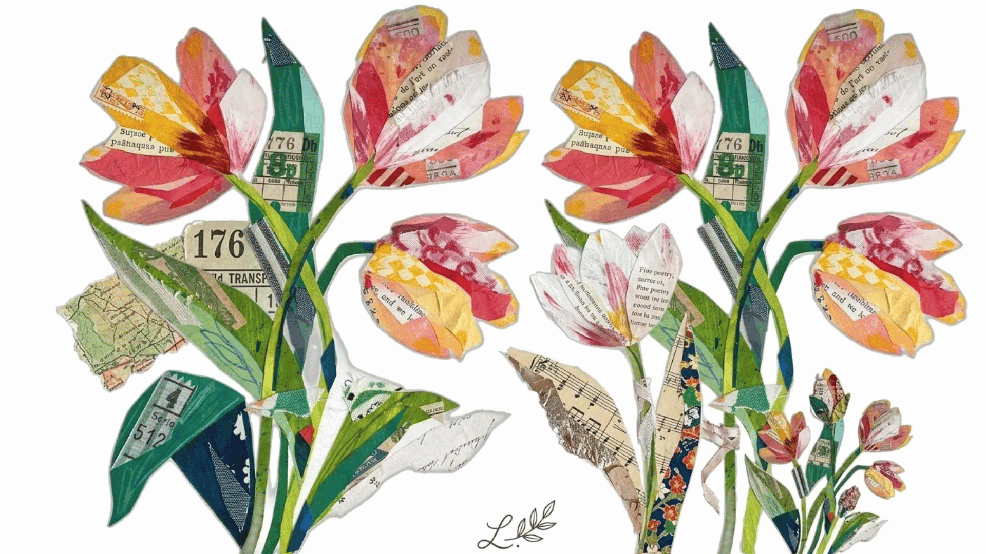 Colorful floral collage art made from layered paper scraps, tickets, maps, and printed textures.