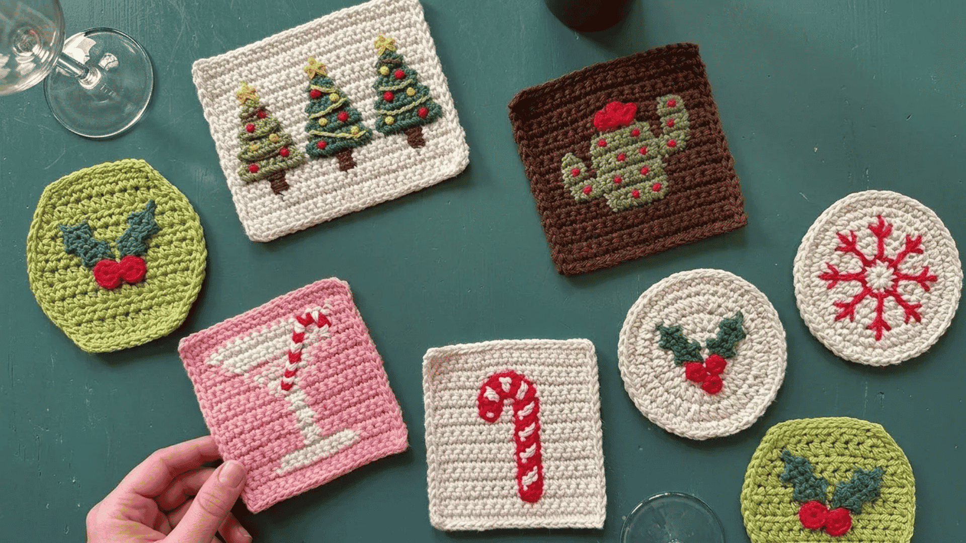 Colorful handmade crochet coasters with festive Christmas-themed patterns arranged on a dark green table.