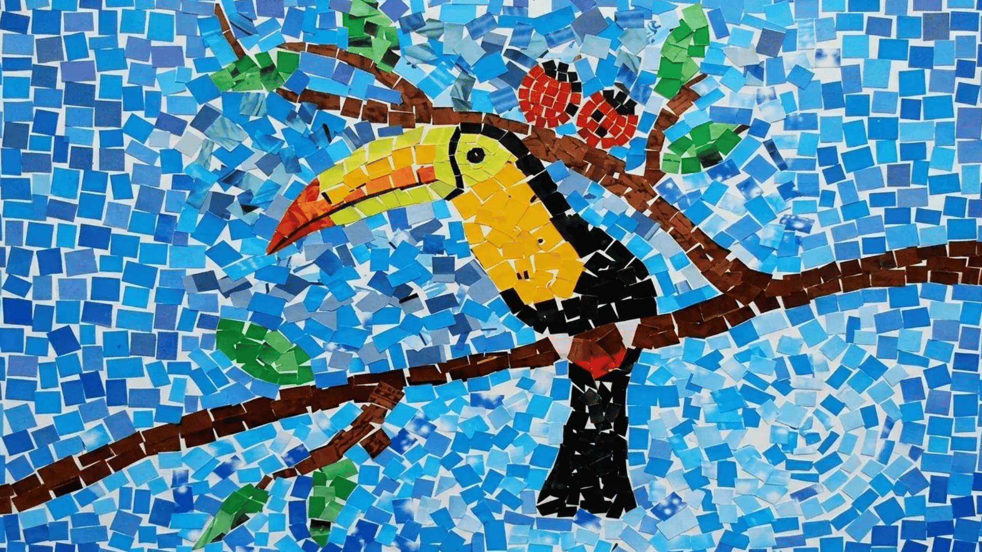 Colorful paper mosaic art of a toucan sitting on a tree branch against a blue background.