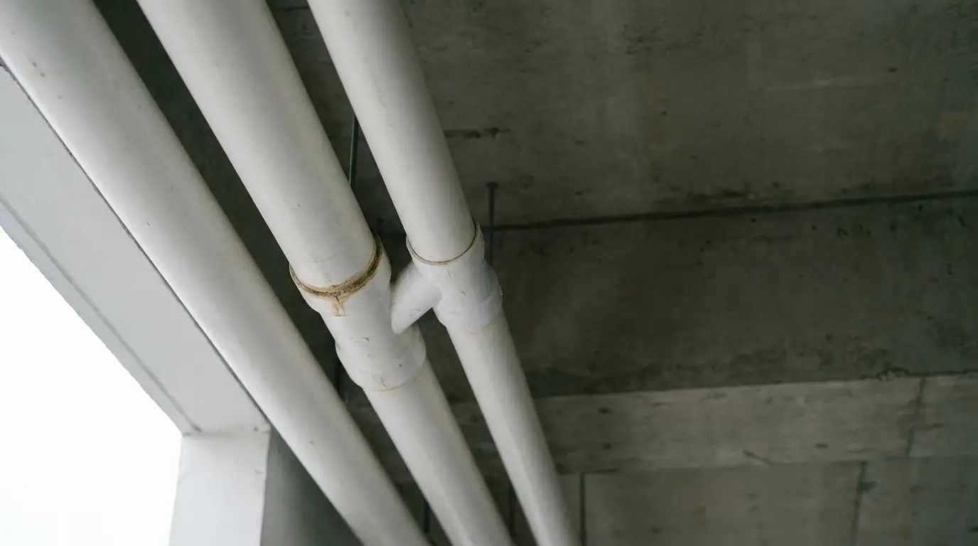 Parallel white plumbing pipes on a concrete ceiling in an industrial setting