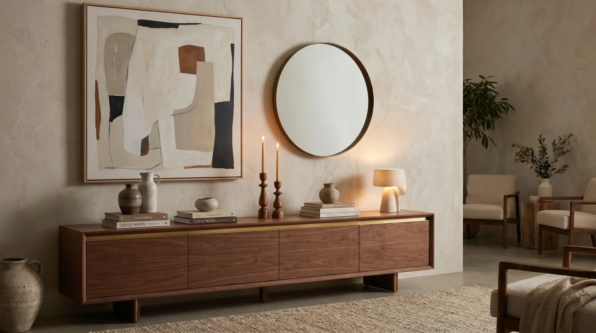 Long wooden console table against a living room wall with a round mirror, artwork, lamp, and candles above.