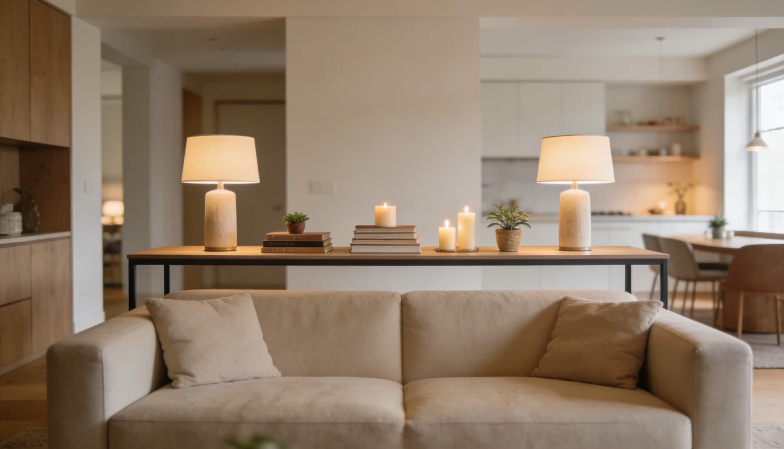 Slim console table with two lighted lamps and candles placed directly behind a beige sofa in a modern living room.