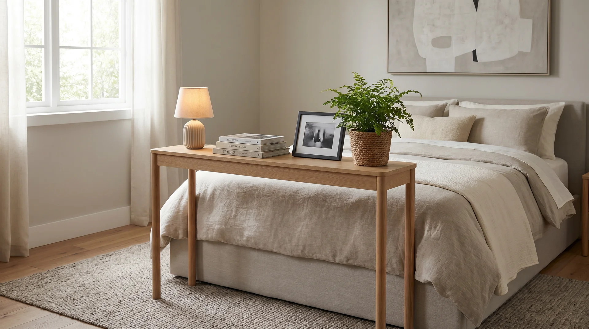 Slim wooden console table placed at the foot of a bed styled with a small lamp, framed photo, and a potted plant.