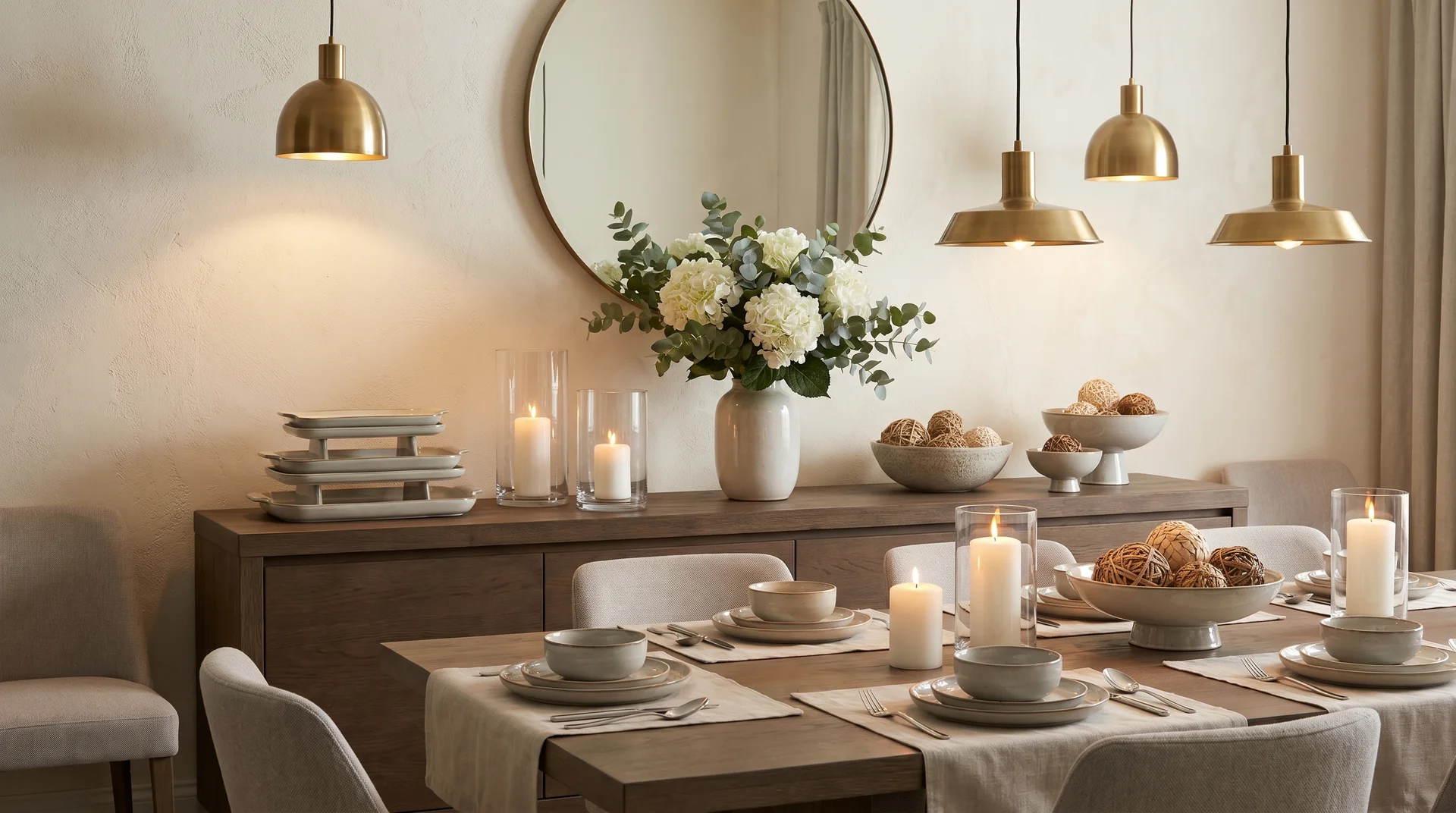 Wooden console table in a dining room styled with a large round mirror, a flower vase, and glowing candles.