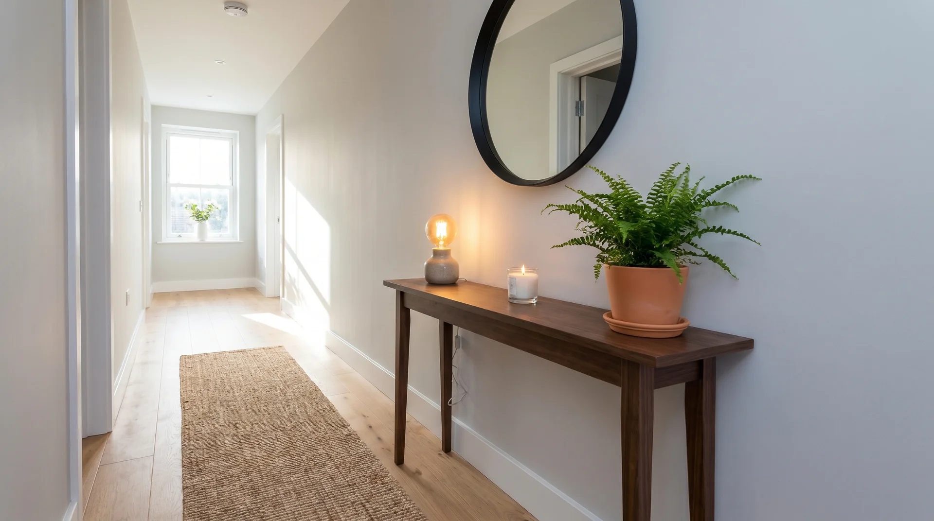 Narrow wooden console table in a long hallway styled with a small lamp, candles, a potted plant, and a round mirror above.