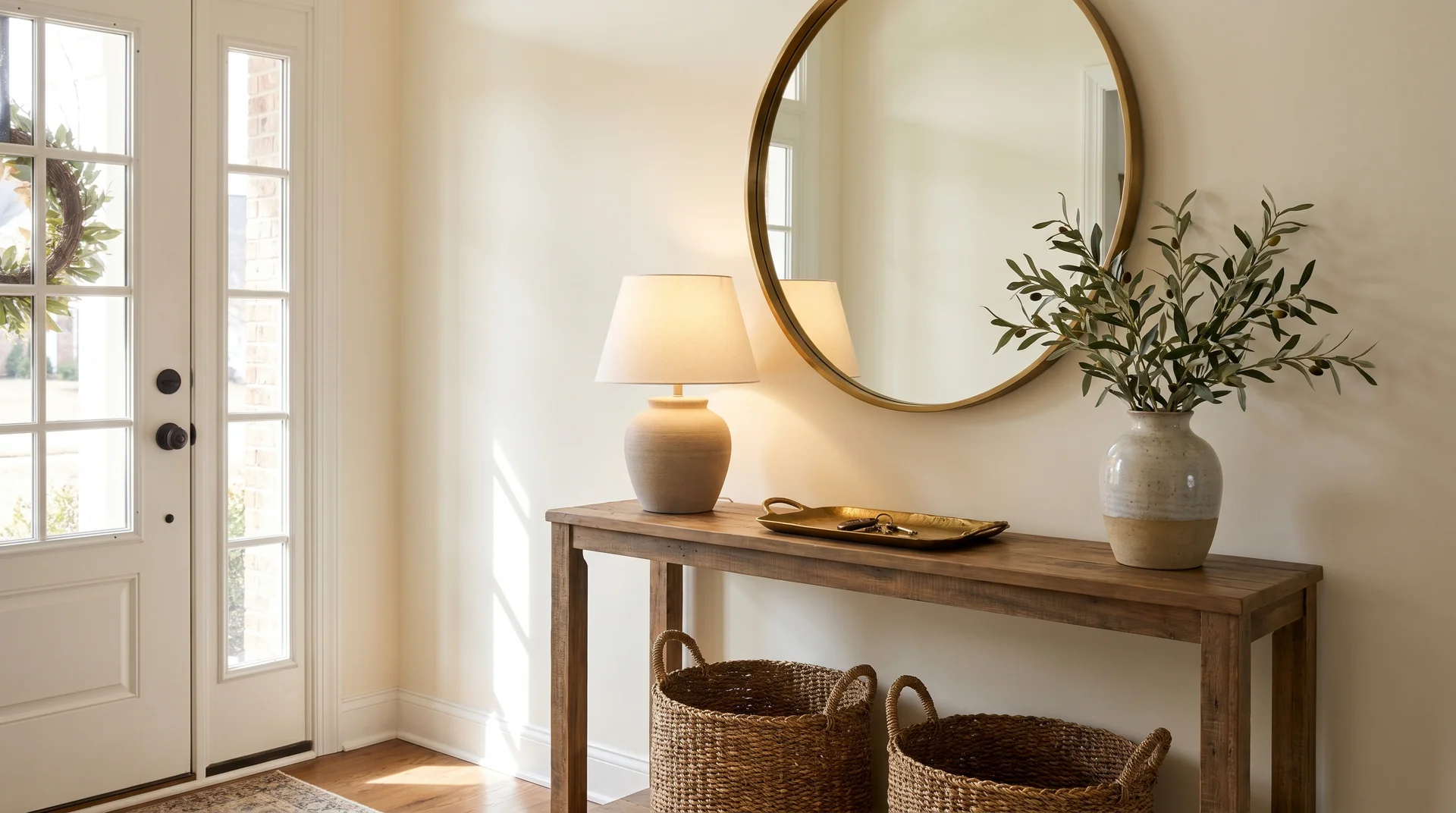 Rustic console table in a bright entryway with a lamp, vase, round mirror, and two woven storage baskets underneath.