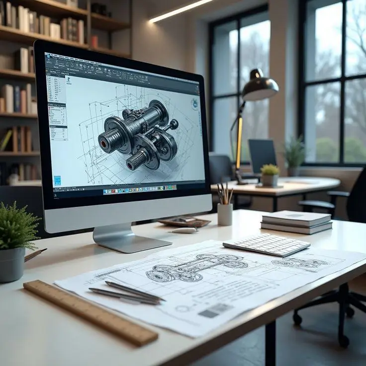 Computer displaying mechanical design software in modern office with blueprints on desk