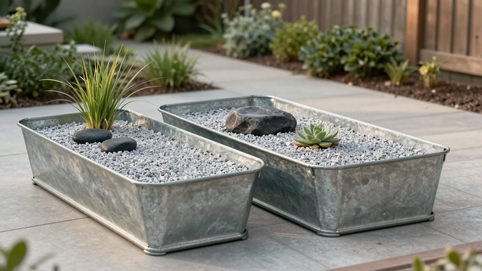 : Two rectangular galvanized steel troughs filled with gray gravel, decorative rocks, and small plants to create miniature container zen gardens.