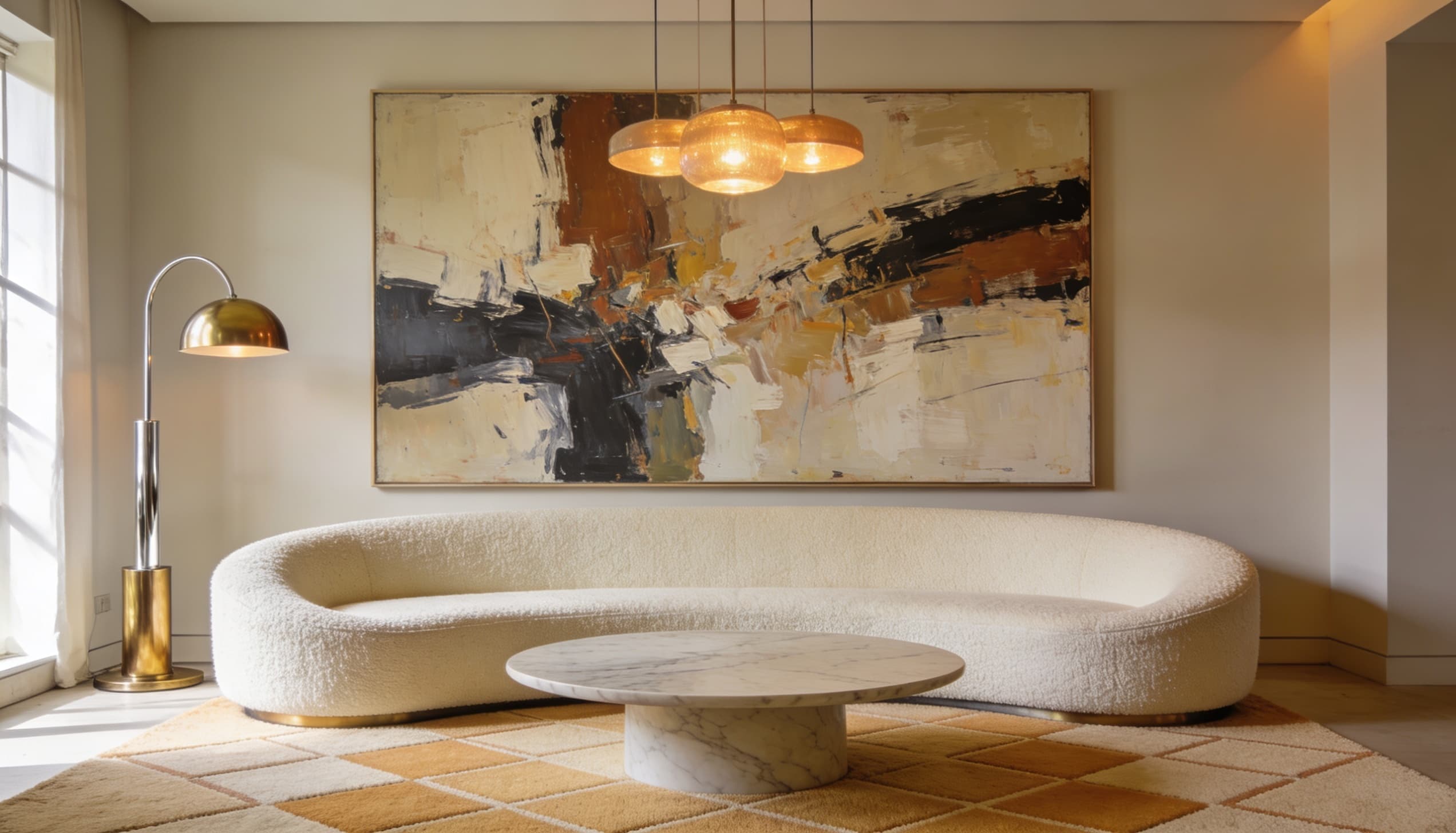Contemporary sitting area featuring a minimalist curved sofa, large abstract painting, and warm ambient lighting.