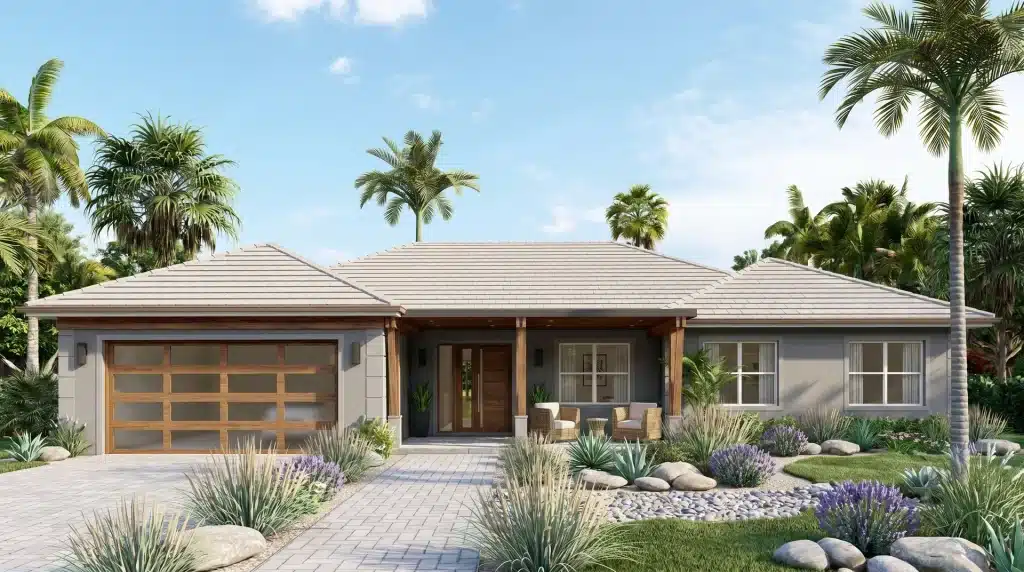 A contemporary ranch house with gray concrete walls, a wooden garage door, and a modern landscaped yard with palm trees.