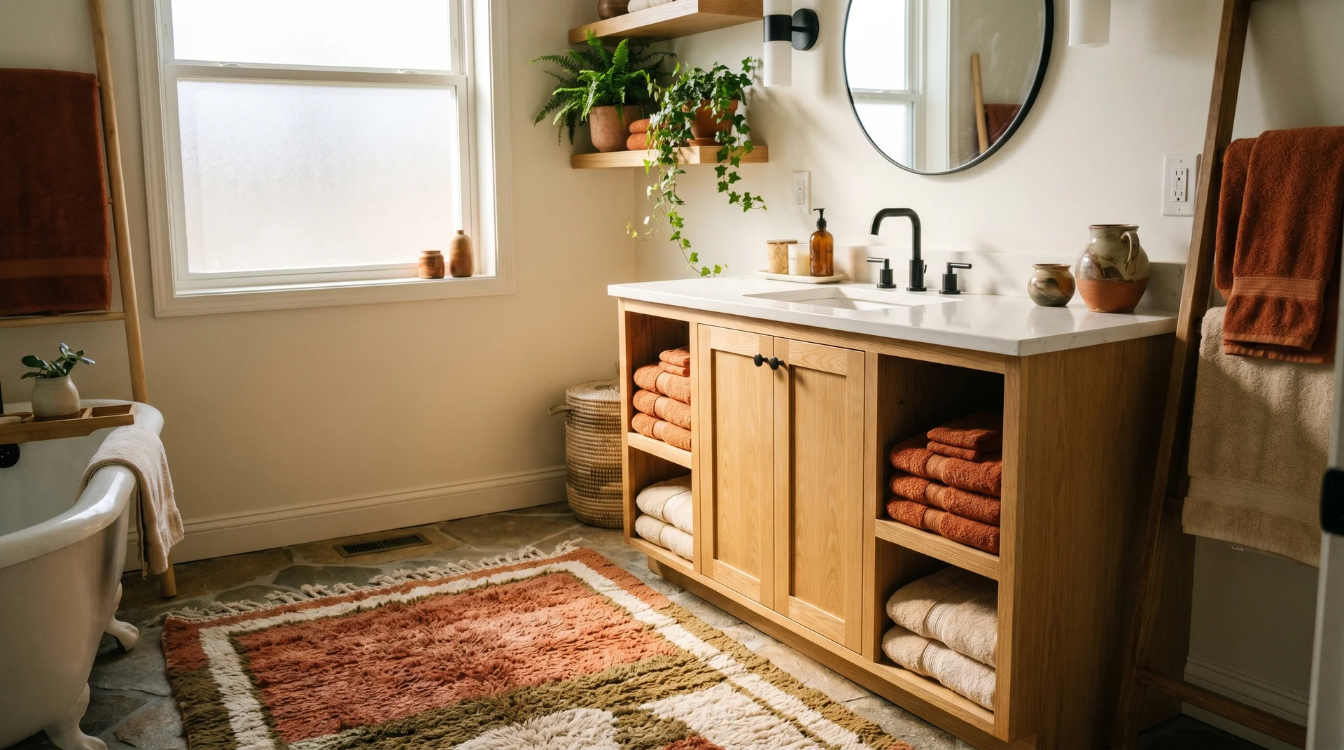 Coordinated towels and rugs with wooden vanity in a warm bathroom setting.